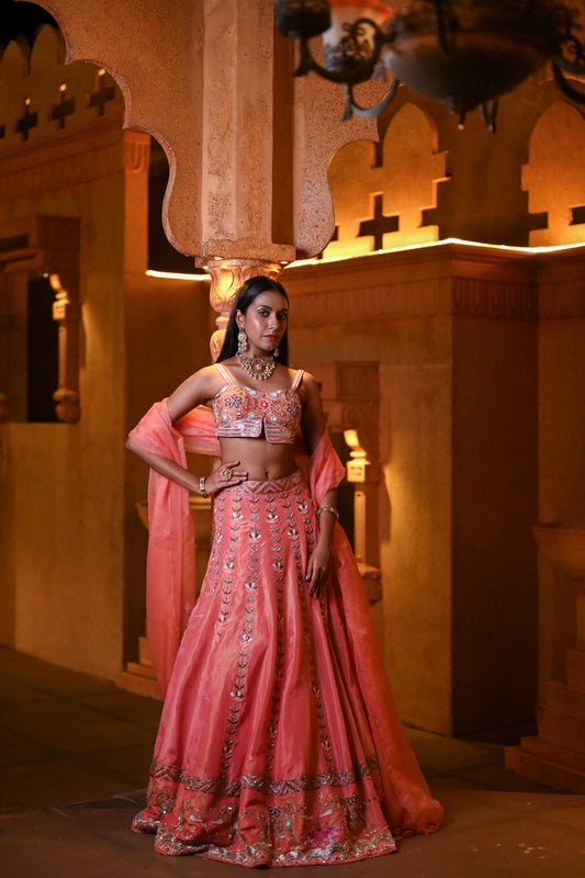 Peach Sleeveless Lehenga