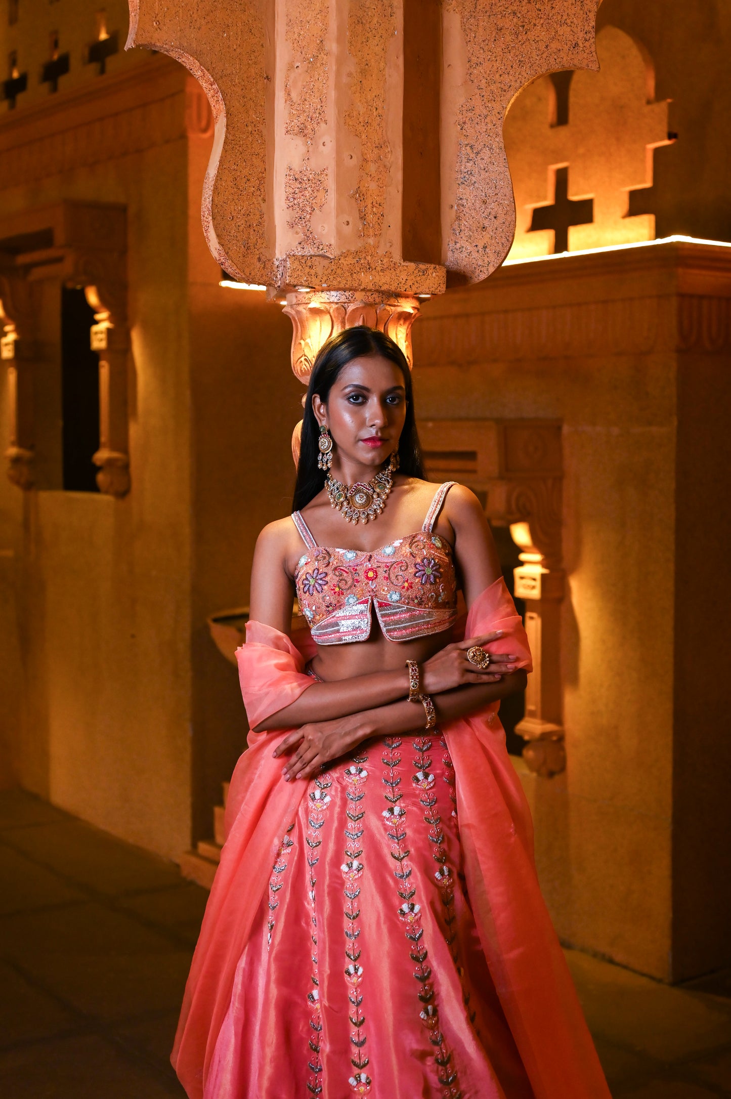 Peach Sleeveless Lehenga
