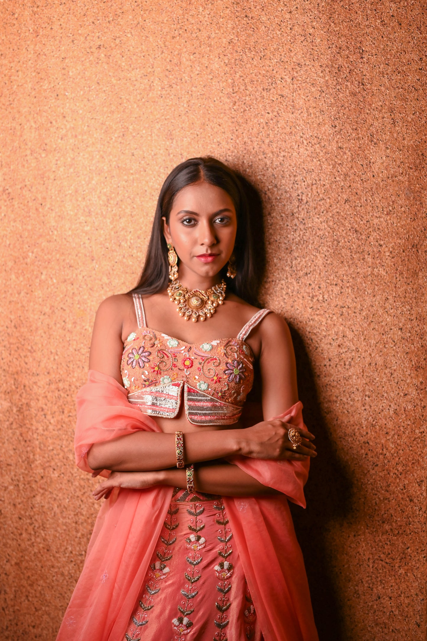 Peach Sleeveless Lehenga